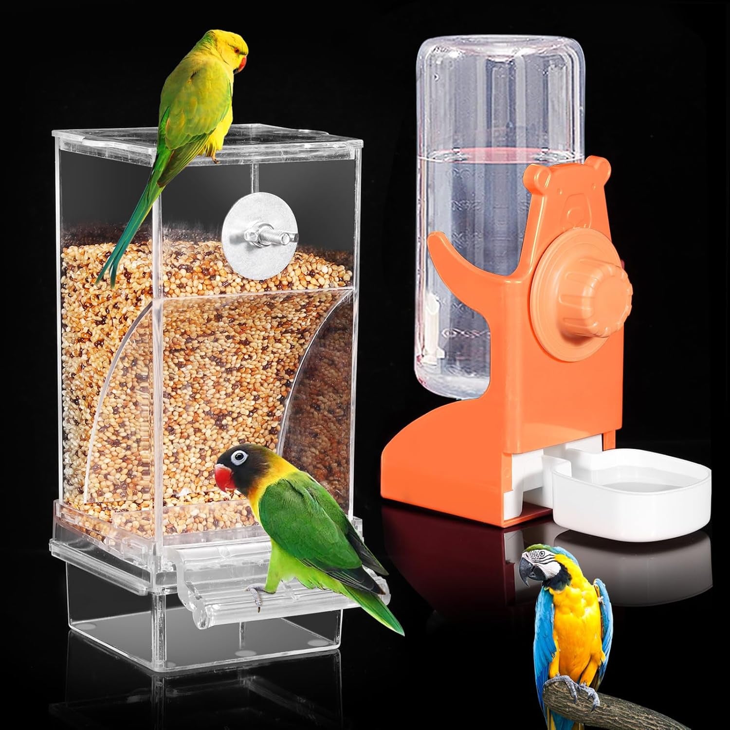 No Mess Bird Feeder Water Dispenser Set, Automatic Parrot Feeder Cage Accessories, Clear Parakeet Seed Container Food Feeder Drinker for Cage, Cockatiel Finch Lovebirds Budgies Canary (Blue)