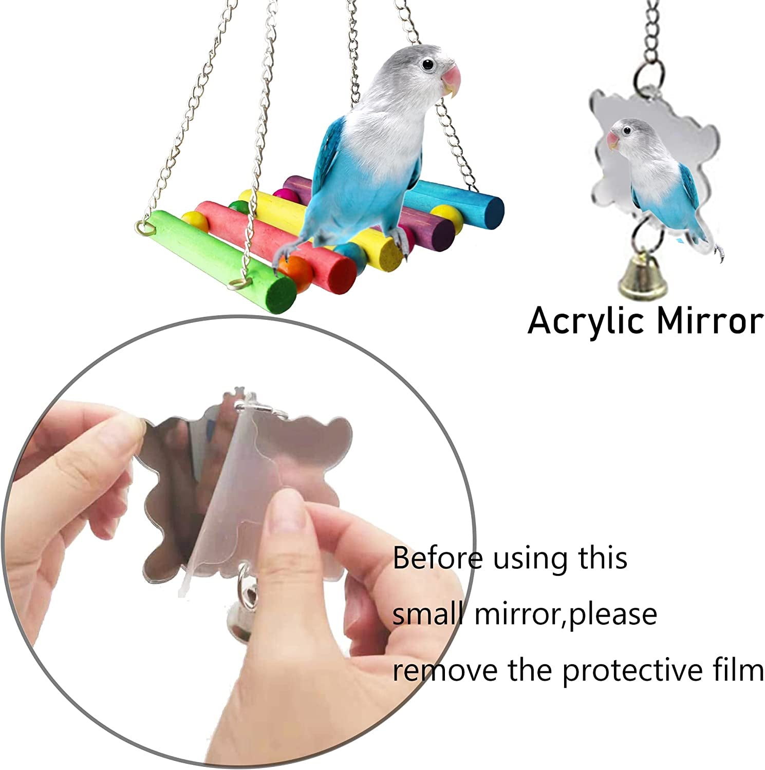 8 Pcs Bird Parrot Toys, Hanging Bell Pet Bird Cage Hammock Swing Toy Wooden Perch Chewing Toy for Large Parrots, Conures, Love Birds, Small Parakeets Cockatiels, Macaws, Finches