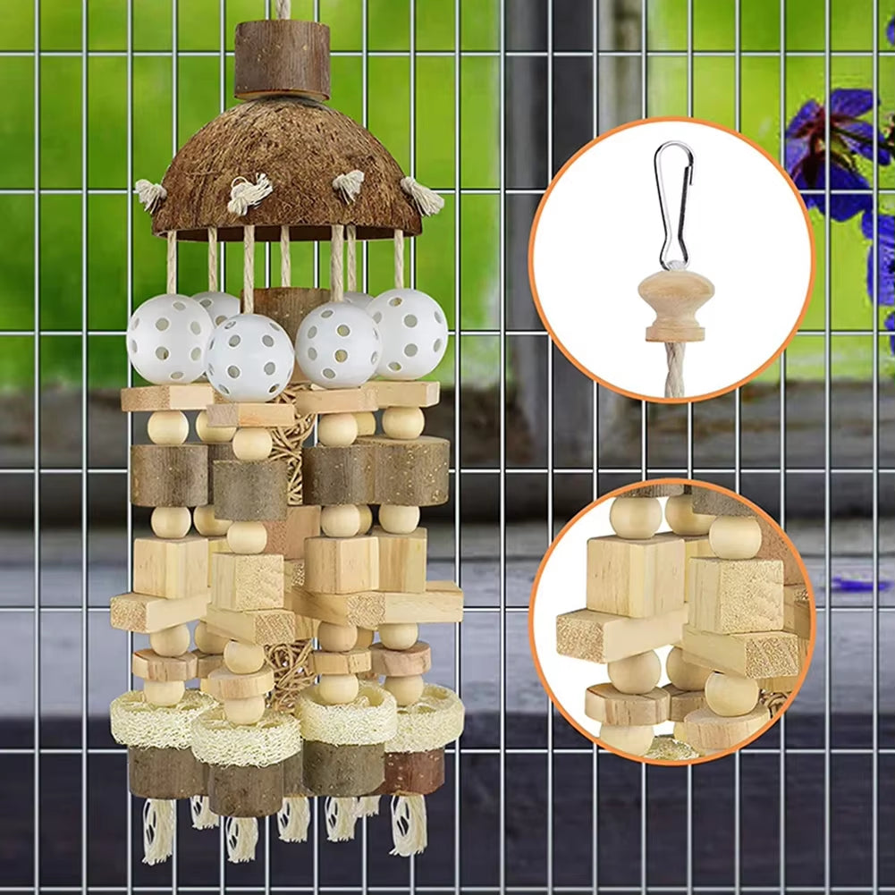Bird Parrot Toy Large Parrot Toy Natural Wooden Blocks Bird Chewing Toy Parrot Cage Bite Toy Suits for Macaws Parrots