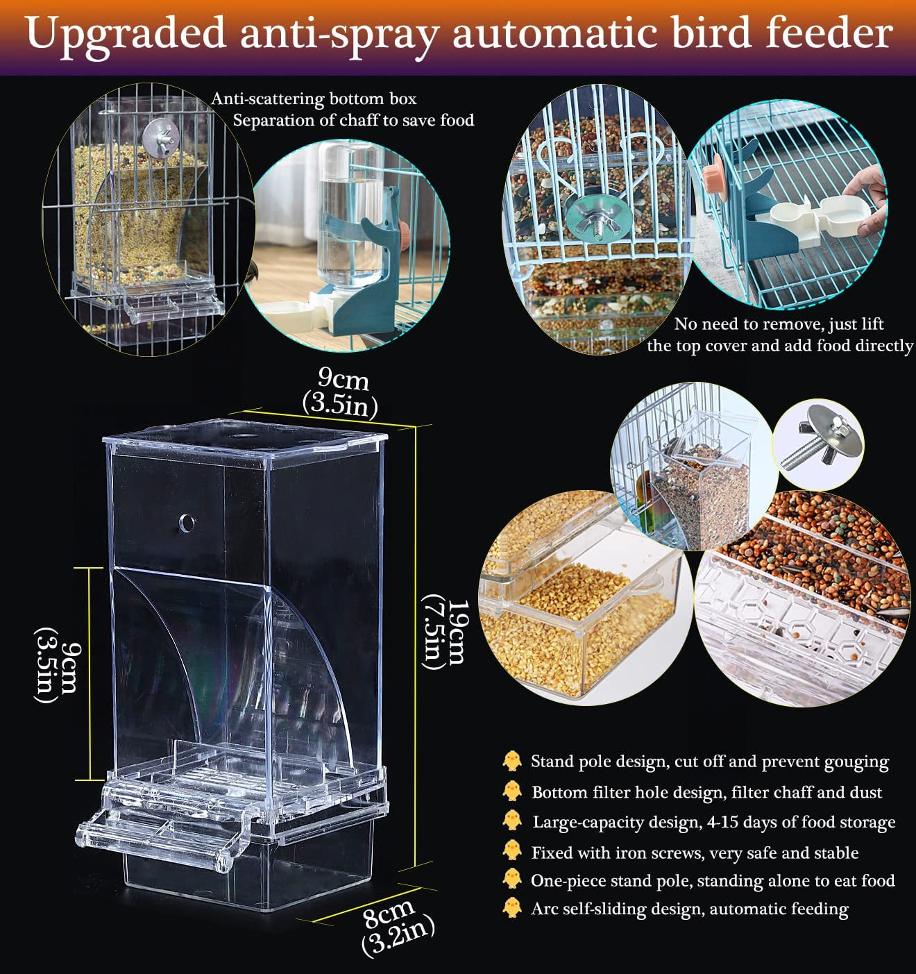 No Mess Bird Feeder Water Dispenser Set, Automatic Parrot Feeder Cage Accessories, Clear Parakeet Seed Container Food Feeder Drinker for Cage, Cockatiel Finch Lovebirds Budgies Canary (Blue)