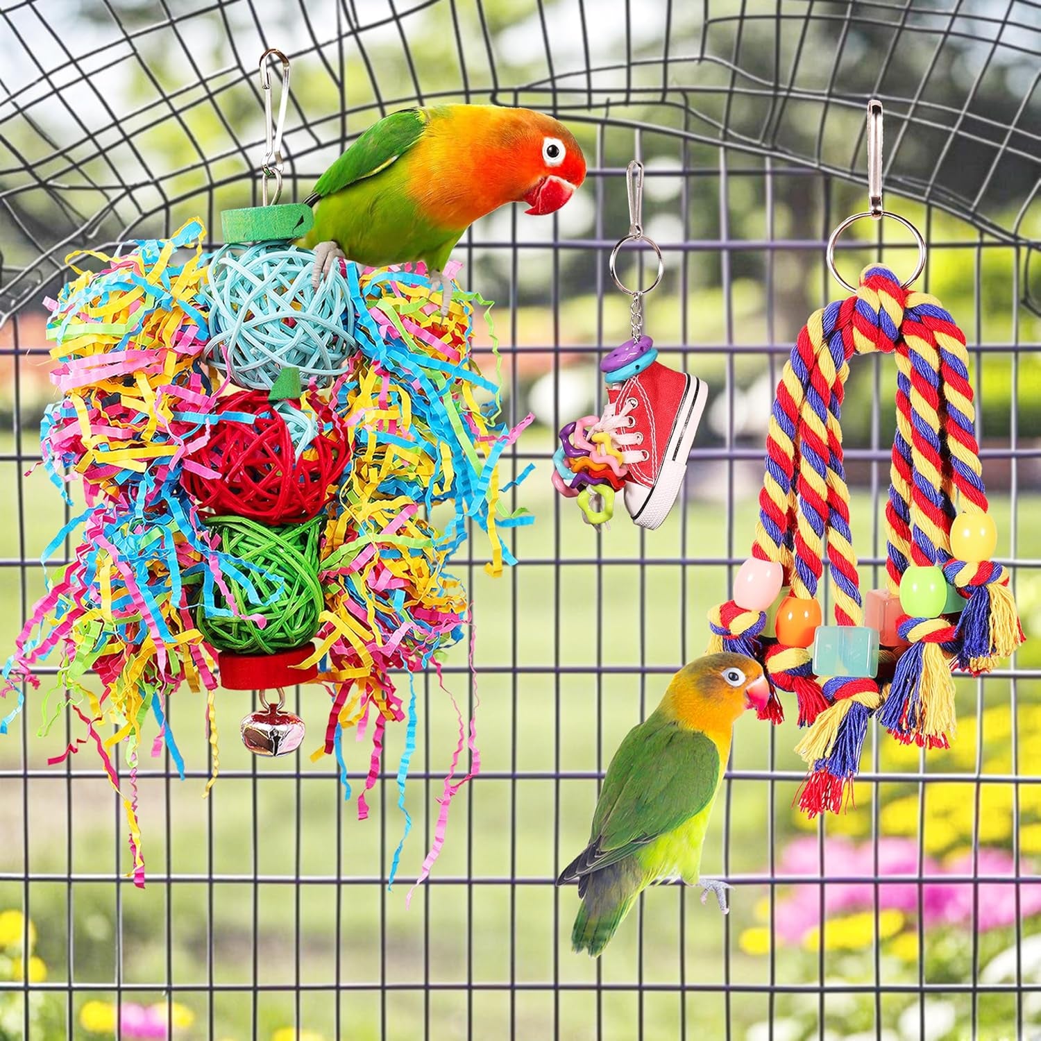 Bird Toys for Parakeet， Parrot Toy Conure Chewing Shredding Foraging Toys with Rope Perch, Bird Cage Accessories for Cockatiel Budgies Lovebird
