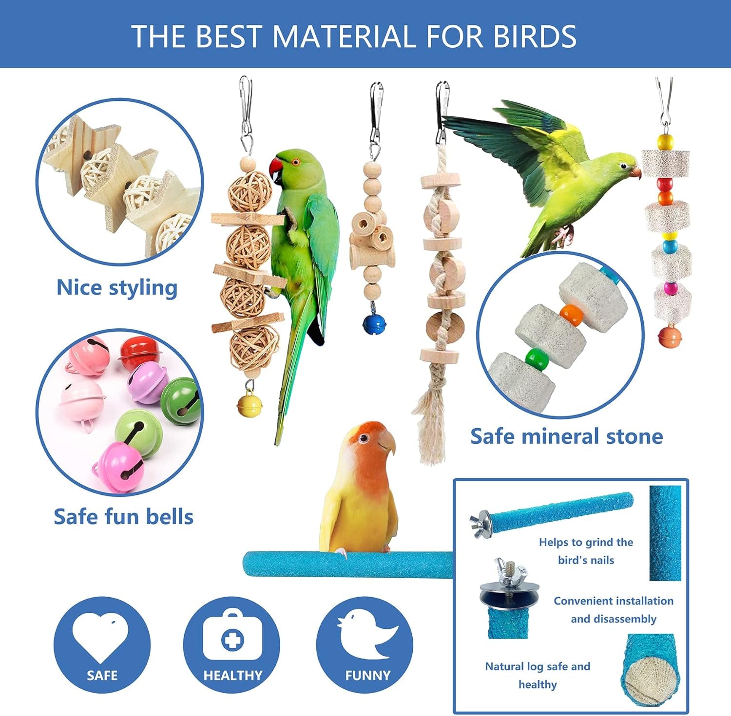 22 Packs Bird Parakeet Cockatiel Toys,Parrot Swing Chewing Hanging Toy with Safe Bells,Bird Cage Colorful Climbing Standing Rope Natural Wood Ladder Bungee Toys