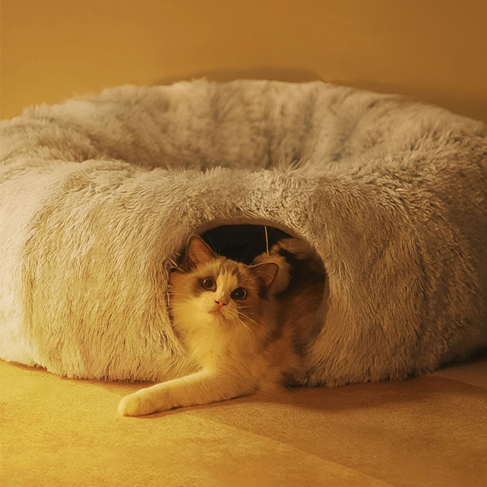 Winter Warm Cat Cave round Foldable Pet Bed Deep Sleeping Cat Tunnel Bed Pet Sleeping Bed Long Plush for Cats and Small Dogs
