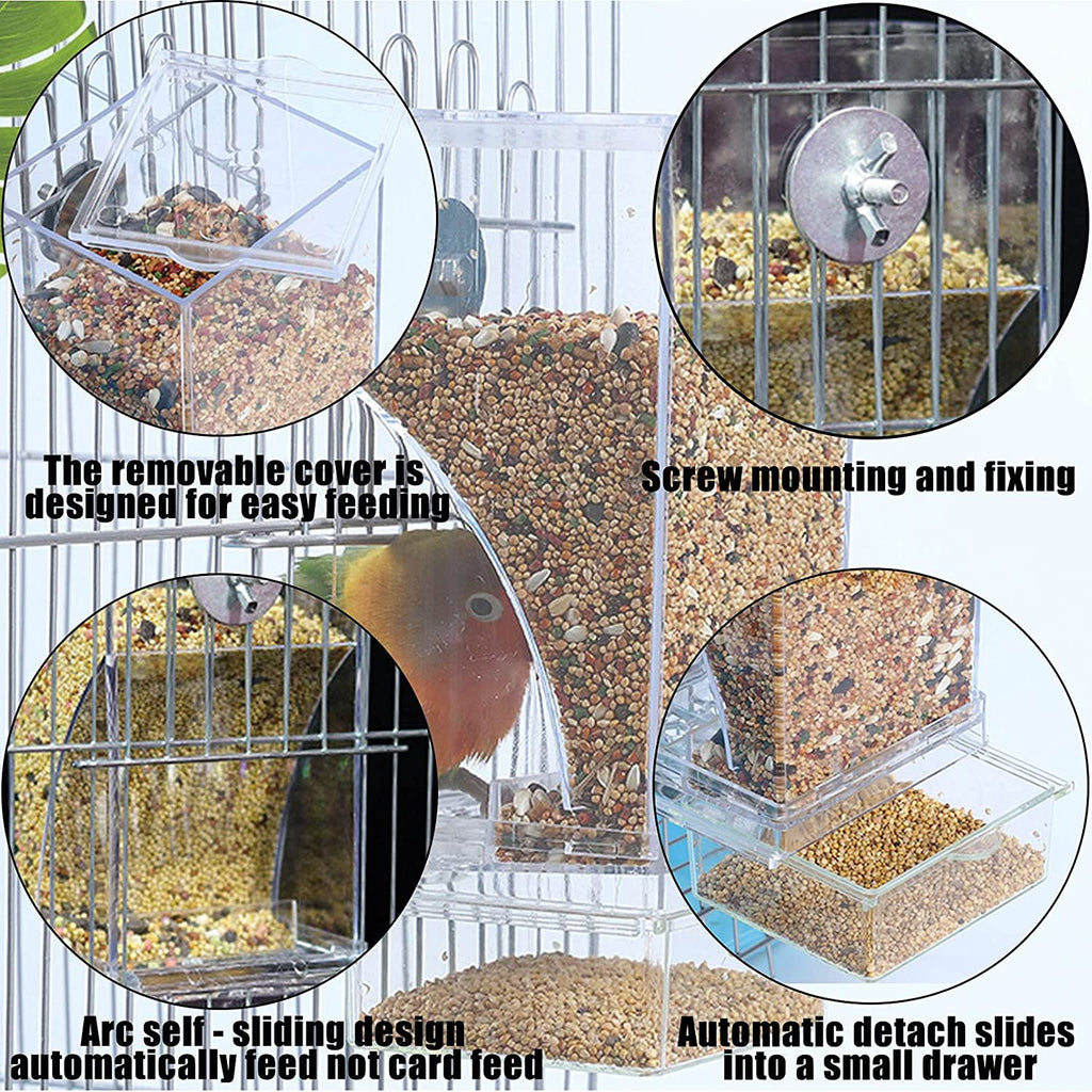 No Mess Bird Cage Feeder Automatic Parrot Seed Feeders with Perch Acrylic Transparent Seed Food Container Cage Accessories for Small and Medium Parakeets Lovebirds