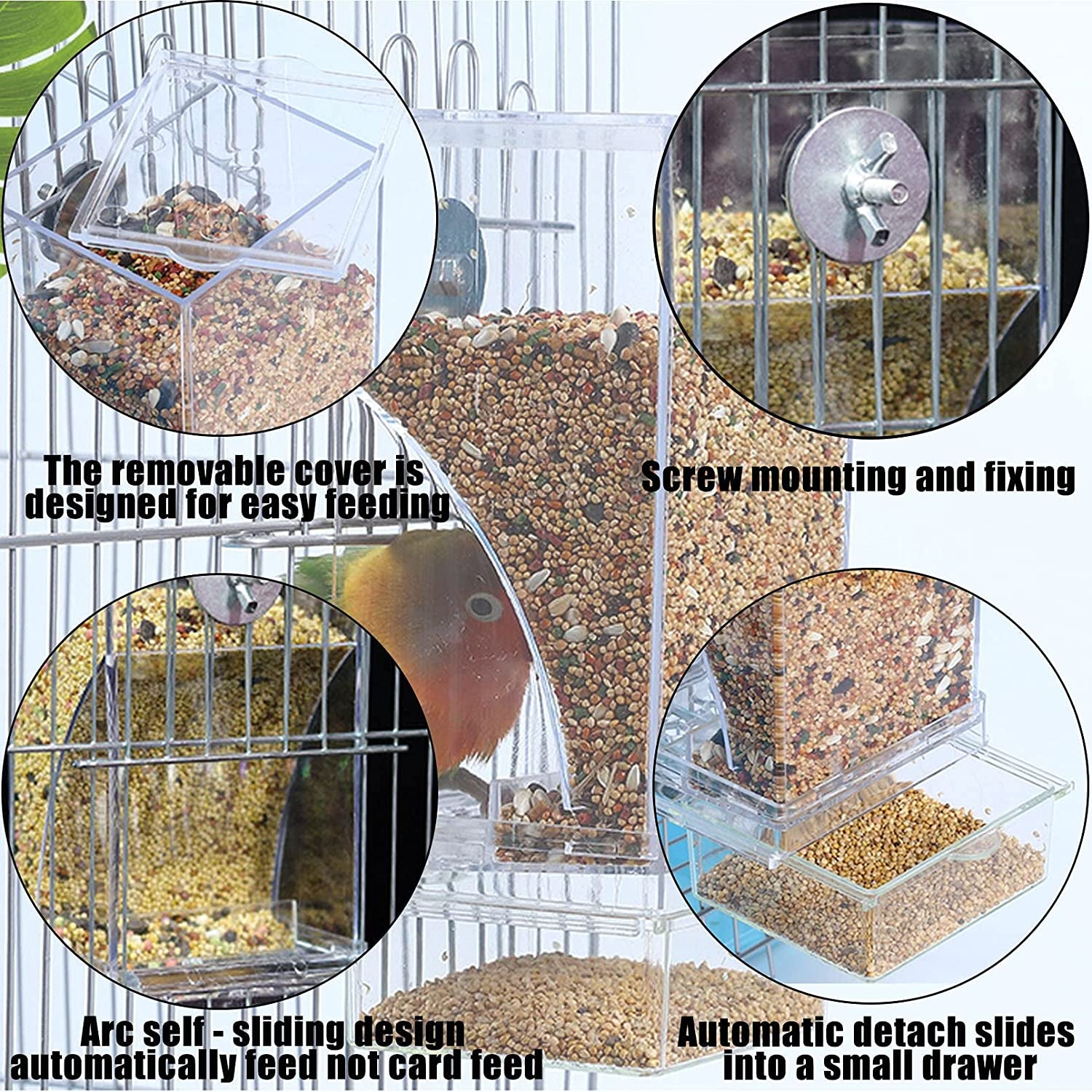 No Mess Bird Cage Feeder Automatic Parrot Seed Feeders with Perch Acrylic Transparent Seed Food Container Cage Accessories for Small and Medium Parakeets Lovebirds