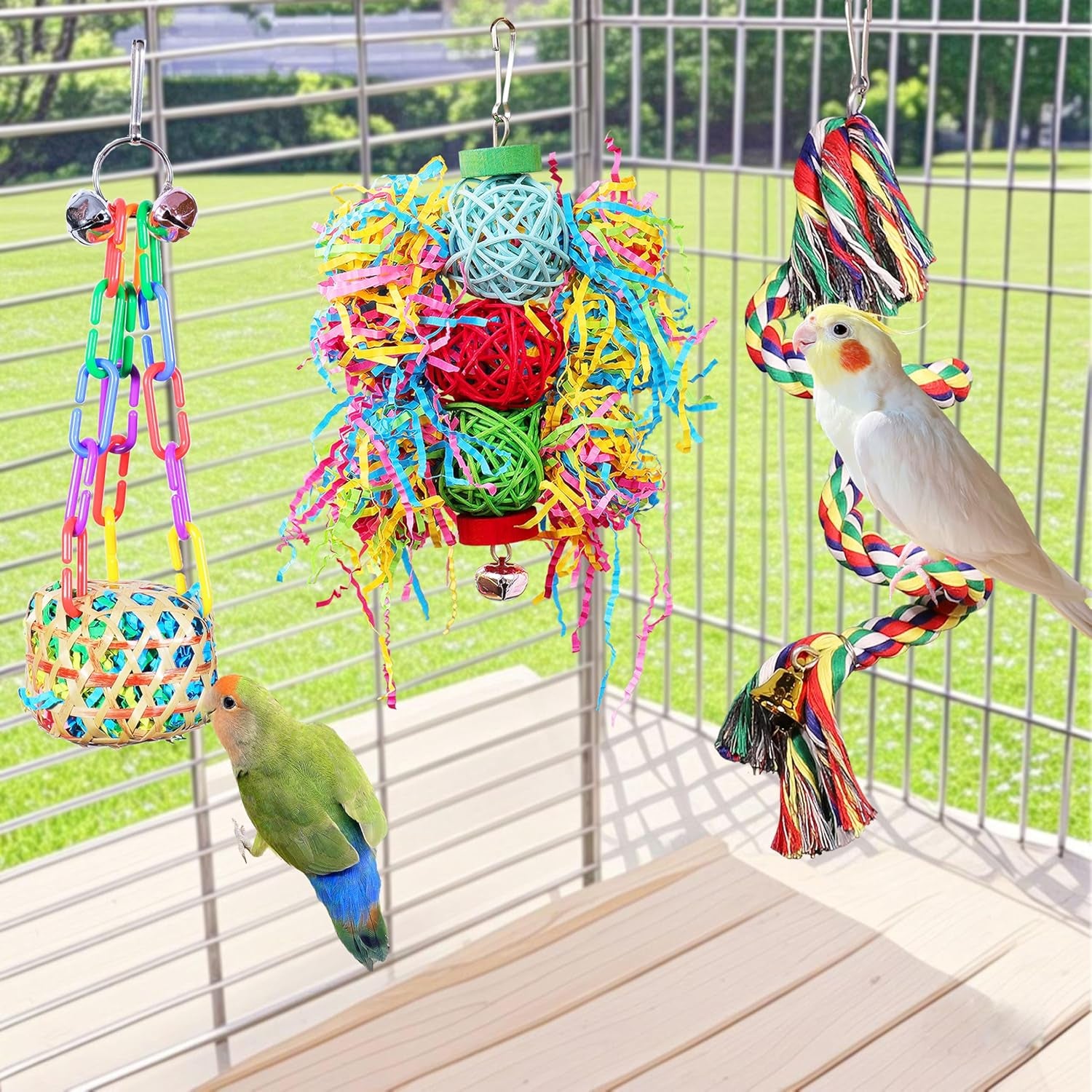 Bird Toys for Parakeet， Parrot Toy Conure Chewing Shredding Foraging Toys with Rope Perch, Bird Cage Accessories for Cockatiel Budgies Lovebird