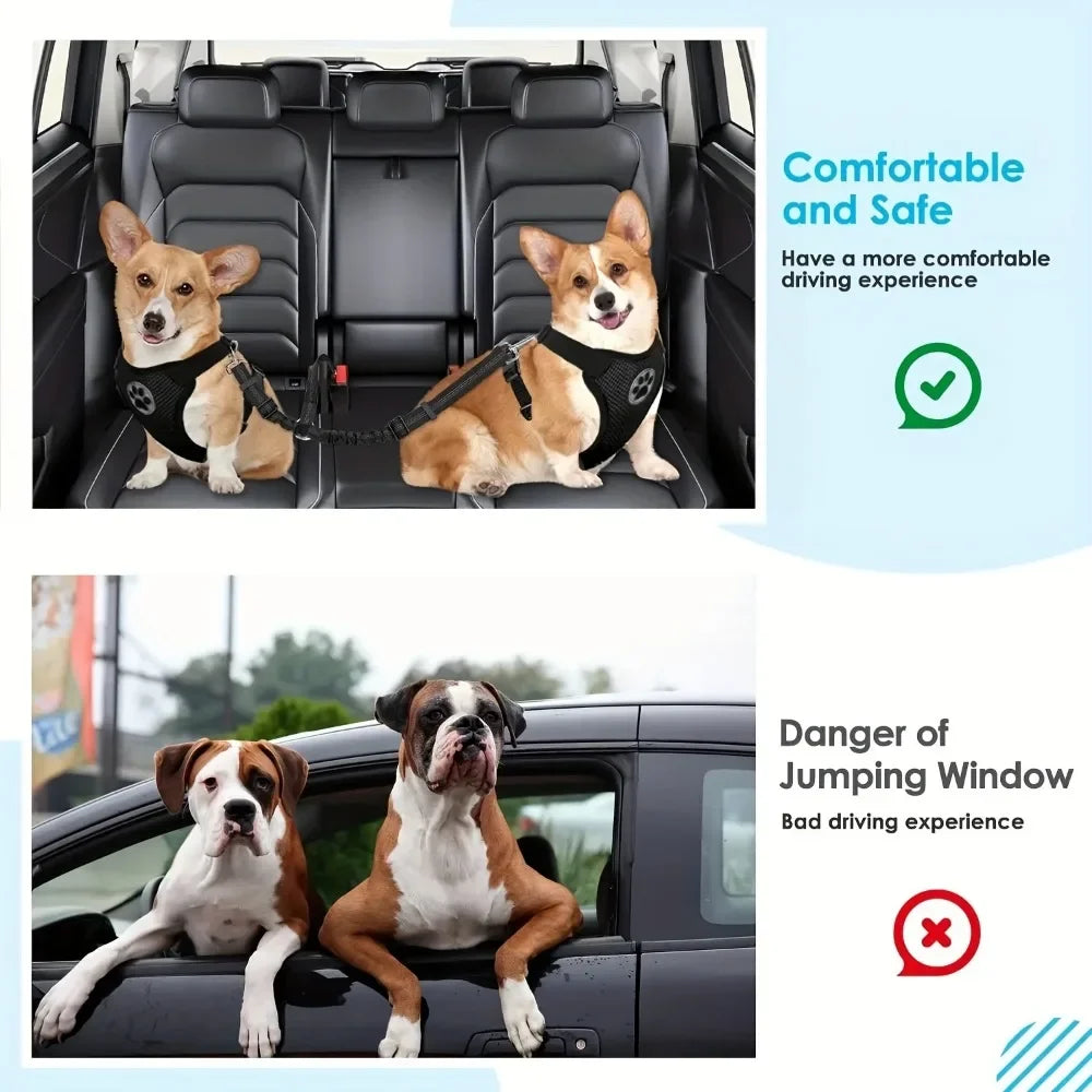 Double Dog Safety Seat Belt Adjustable Elastic Car Harness Seat Belt with Shock Reflective Dog Car Restraint for Pet Safety Belt