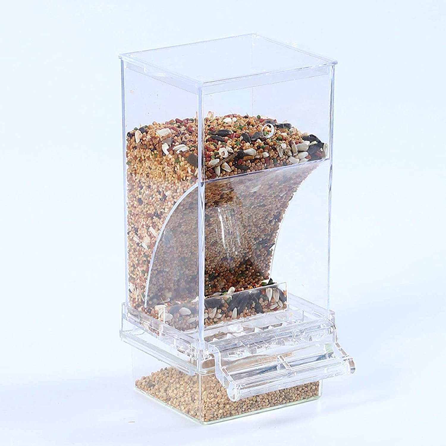 No Mess Bird Cage Feeder Automatic Parrot Seed Feeders with Perch Acrylic Transparent Seed Food Container Cage Accessories for Small and Medium Parakeets Lovebirds