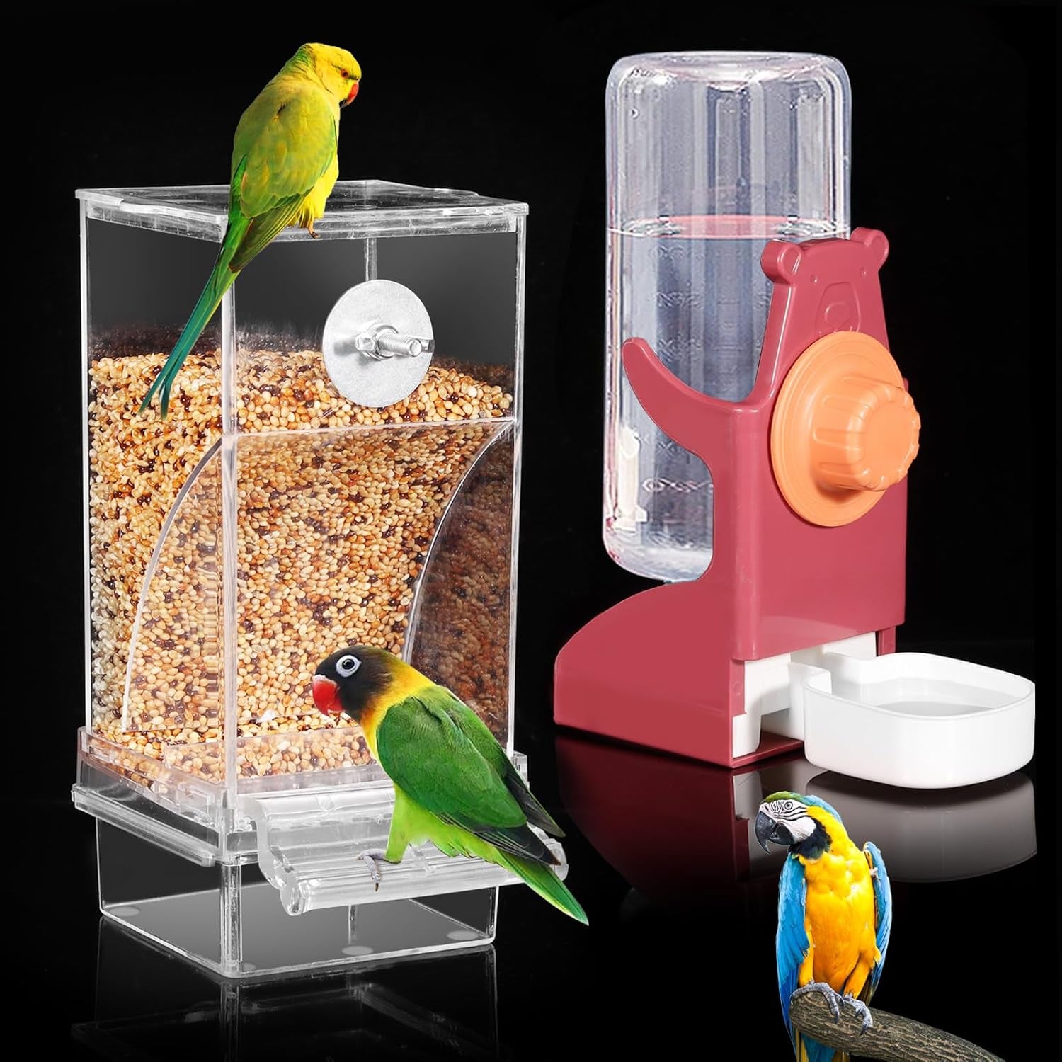 No Mess Bird Feeder Water Dispenser Set, Automatic Parrot Feeder Cage Accessories, Clear Parakeet Seed Container Food Feeder Drinker for Cage, Cockatiel Finch Lovebirds Budgies Canary (Blue)