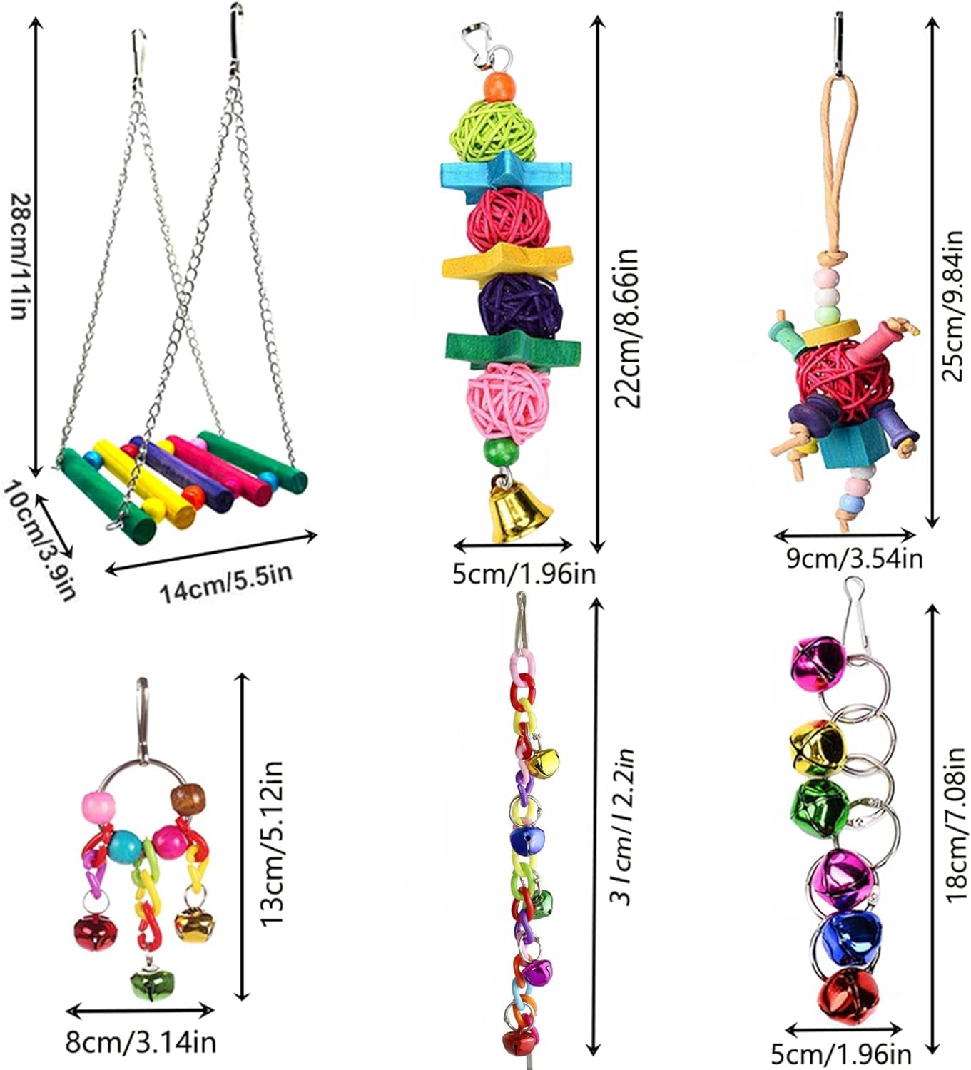 8 Pcs Bird Parrot Toys, Hanging Bell Pet Bird Cage Hammock Swing Toy Wooden Perch Chewing Toy for Large Parrots, Conures, Love Birds, Small Parakeets Cockatiels, Macaws, Finches