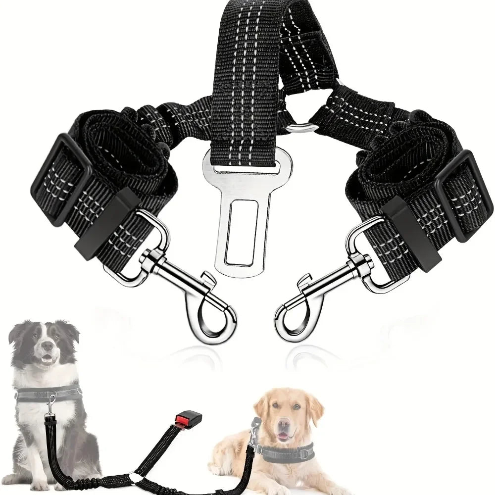 Double Dog Safety Seat Belt Adjustable Elastic Car Harness Seat Belt with Shock Reflective Dog Car Restraint for Pet Safety Belt