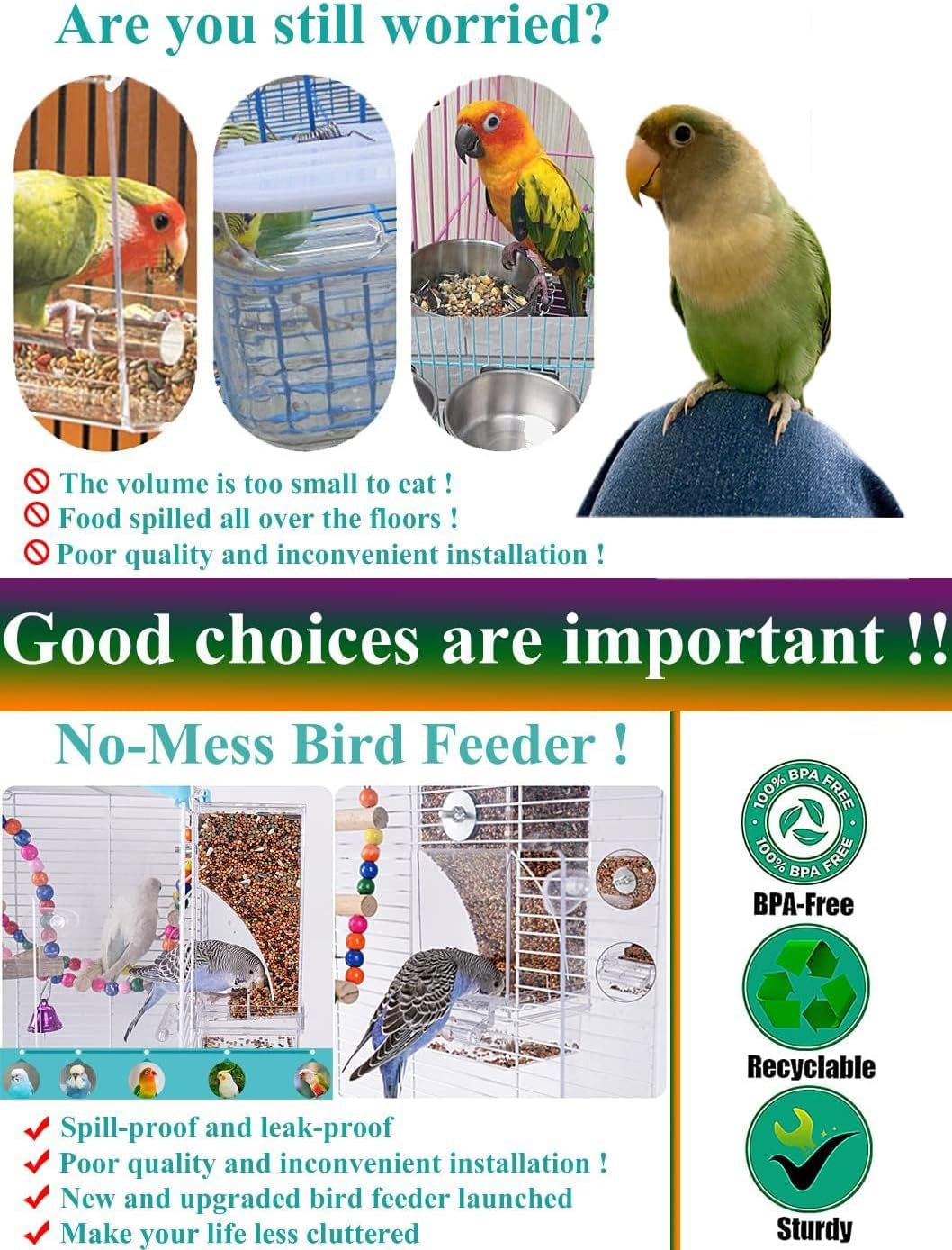 No Mess Bird Feeder Water Dispenser Set, Automatic Parrot Feeder Cage Accessories, Clear Parakeet Seed Container Food Feeder Drinker for Cage, Cockatiel Finch Lovebirds Budgies Canary (Blue)