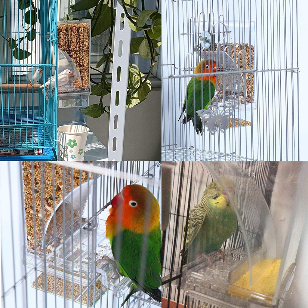 No Mess Bird Cage Feeder Automatic Parrot Seed Feeders with Perch Acrylic Transparent Seed Food Container Cage Accessories for Small and Medium Parakeets Lovebirds