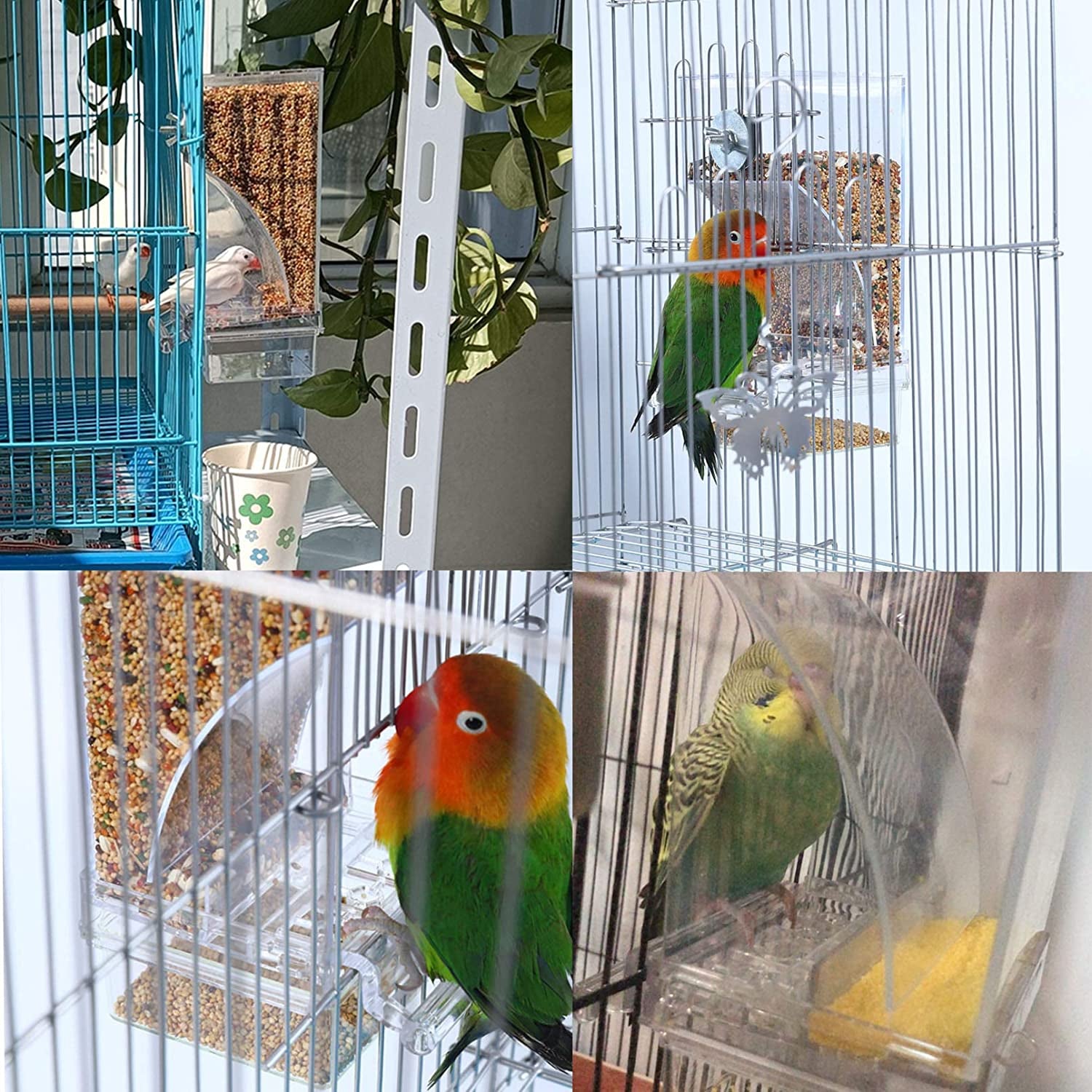 No Mess Bird Cage Feeder Automatic Parrot Seed Feeders with Perch Acrylic Transparent Seed Food Container Cage Accessories for Small and Medium Parakeets Lovebirds