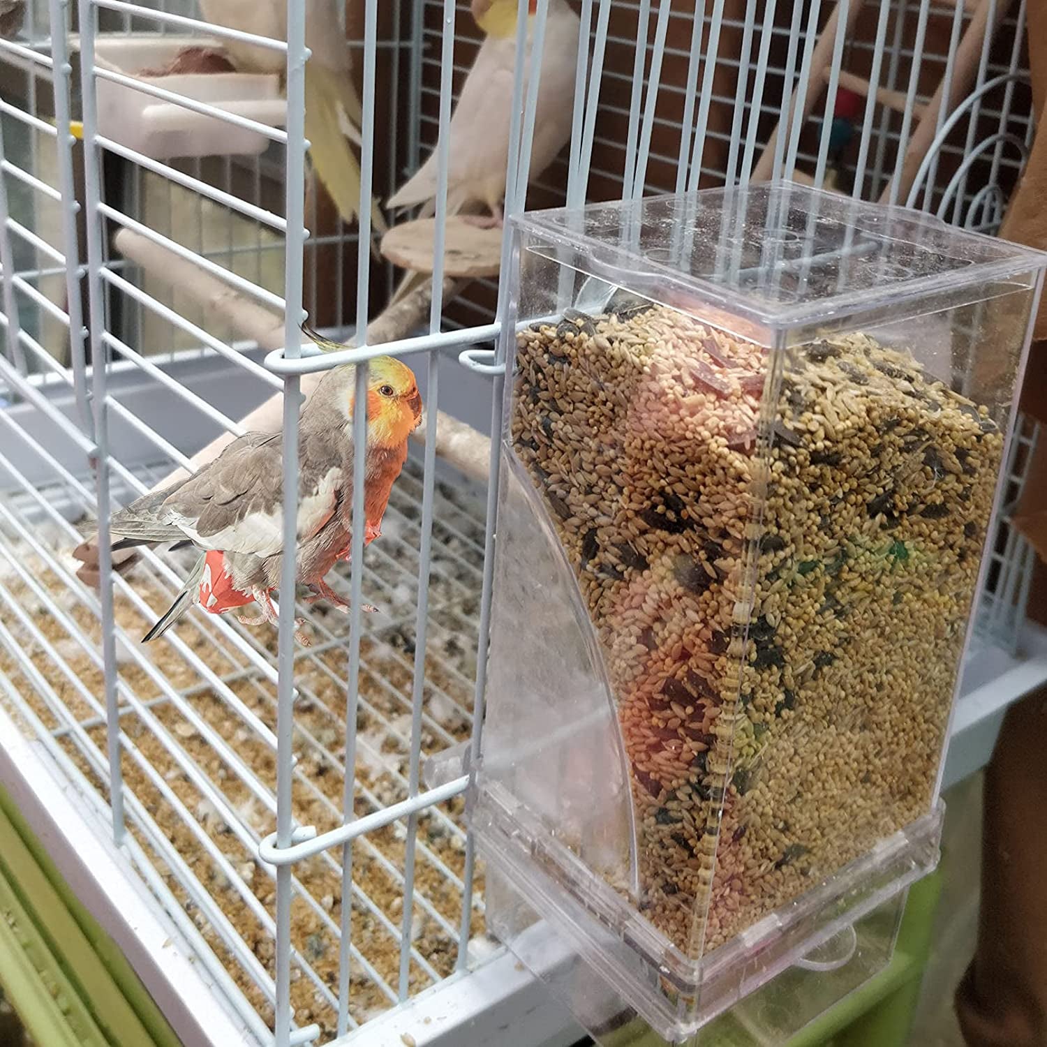 No Mess Bird Cage Feeder Automatic Parrot Seed Feeders with Perch Acrylic Transparent Seed Food Container Cage Accessories for Small and Medium Parakeets Lovebirds