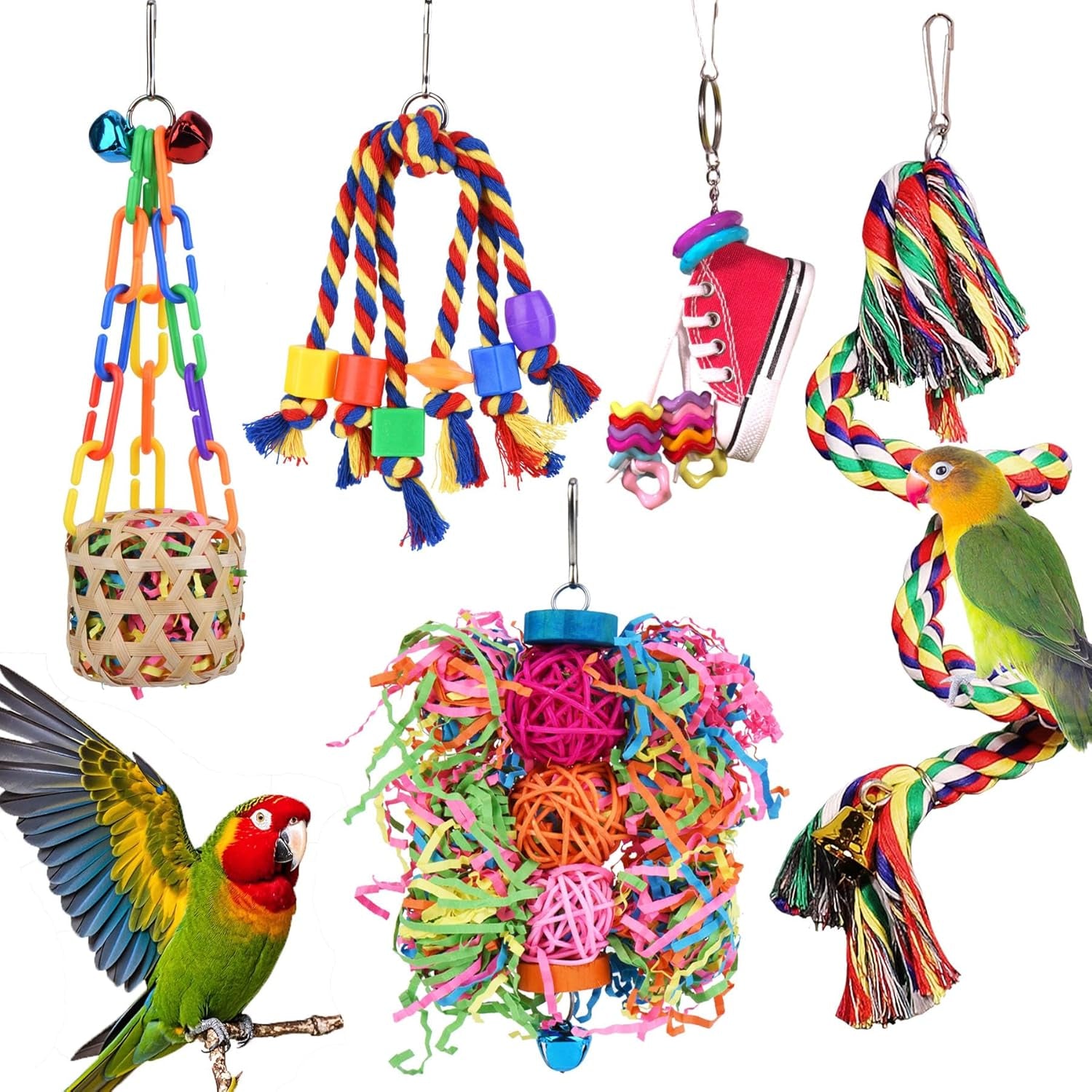 Bird Toys for Parakeet， Parrot Toy Conure Chewing Shredding Foraging Toys with Rope Perch, Bird Cage Accessories for Cockatiel Budgies Lovebird