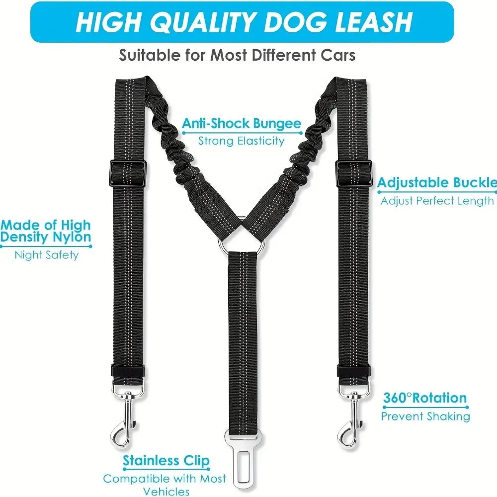 Double Dog Safety Seat Belt Adjustable Elastic Car Harness Seat Belt with Shock Reflective Dog Car Restraint for Pet Safety Belt