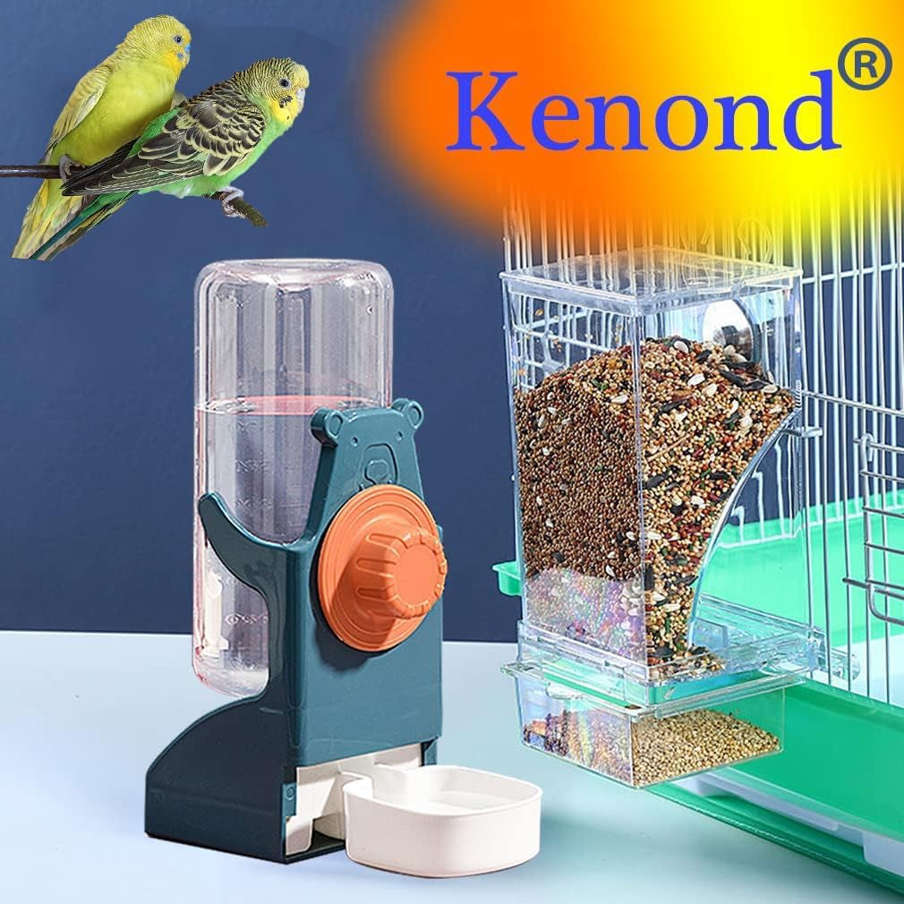 No Mess Bird Feeder Water Dispenser Set, Automatic Parrot Feeder Cage Accessories, Clear Parakeet Seed Container Food Feeder Drinker for Cage, Cockatiel Finch Lovebirds Budgies Canary (Blue)