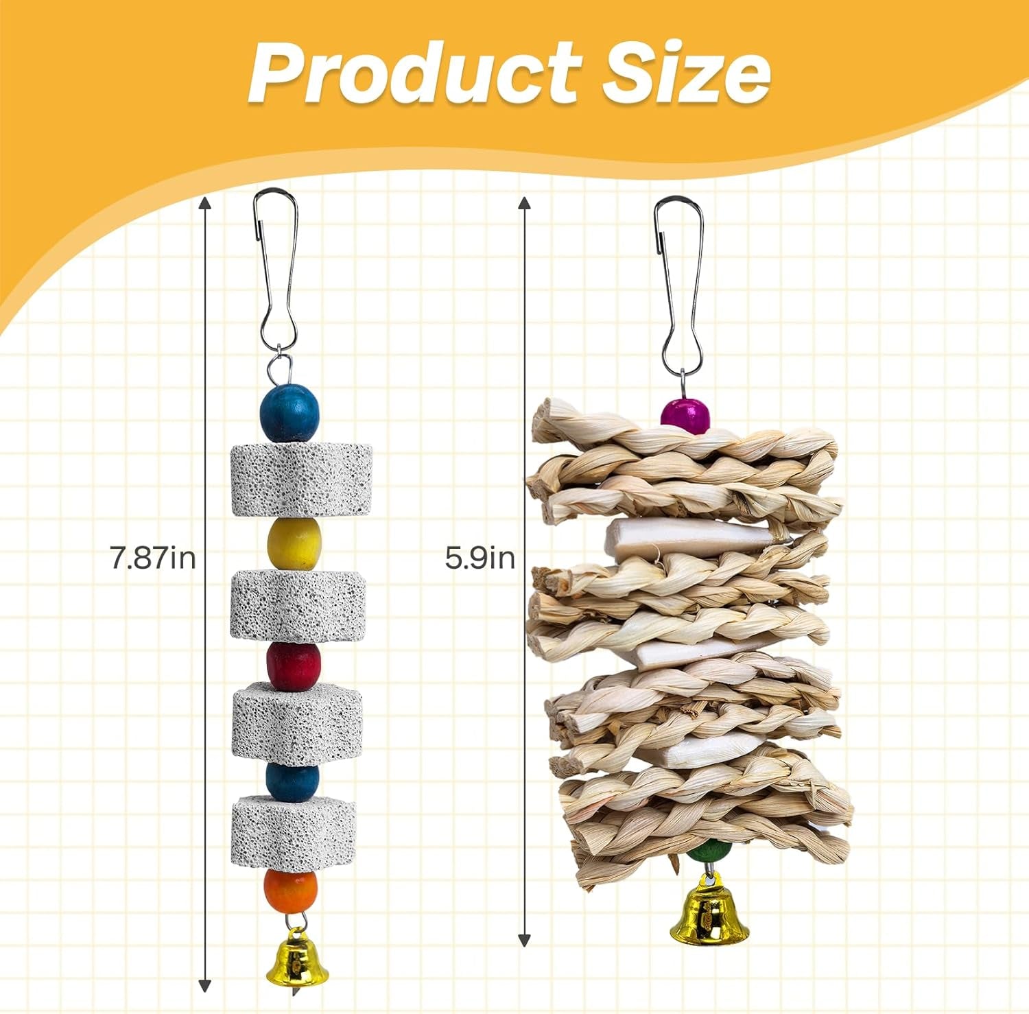 Parrot Toys Chewing Bird Toy Cuttlebone Beak Grinding Stone Cage Hanging Toys with Bell for African Greys Amazon Conure Eclectus Budgies Parakeet Cockatiel Hamster Chinchilla Rabbit, 2 Pack