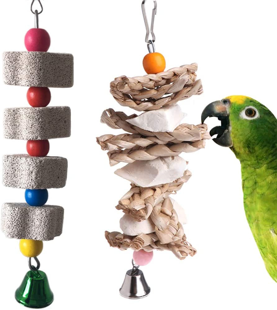 Parrot Toys Chewing Bird Toy Cuttlebone Beak Grinding Stone Cage Hanging Toys with Bell for African Greys Amazon Conure Eclectus Budgies Parakeet Cockatiel Hamster Chinchilla Rabbit, 2 Pack