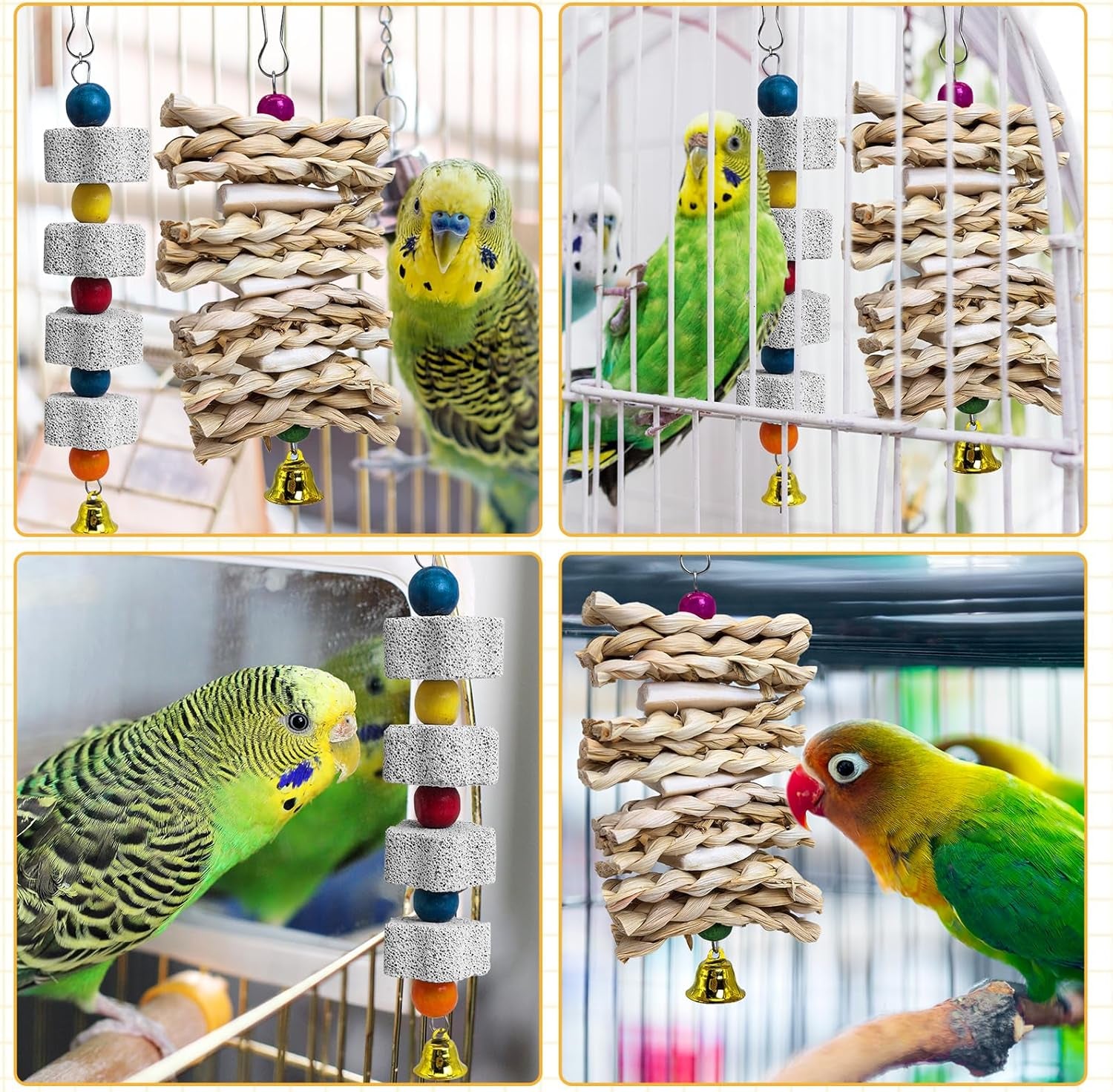 Parrot Toys Chewing Bird Toy Cuttlebone Beak Grinding Stone Cage Hanging Toys with Bell for African Greys Amazon Conure Eclectus Budgies Parakeet Cockatiel Hamster Chinchilla Rabbit, 2 Pack