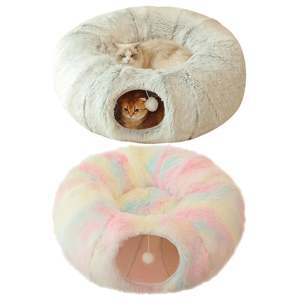 Winter Warm Cat Cave round Foldable Pet Bed Deep Sleeping Cat Tunnel Bed Pet Sleeping Bed Long Plush for Cats and Small Dogs