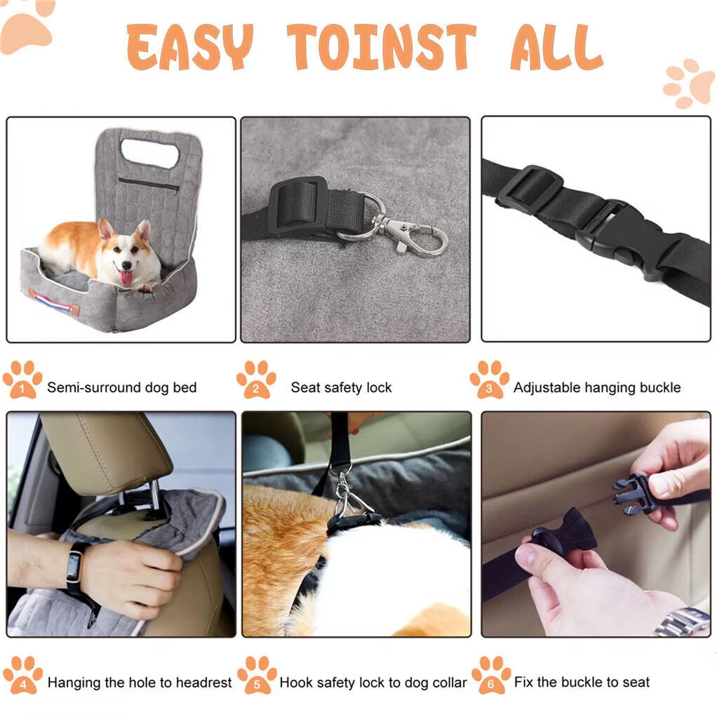 Premium Dog Car Seat Protector - Anti-Slip Pet Booster Seat with Storage Pockets and Safety Leash, Accommodates Pets Up to 14kg