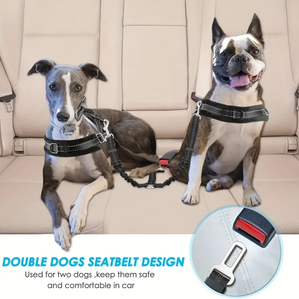 Double Dog Safety Seat Belt Adjustable Elastic Car Harness Seat Belt with Shock Reflective Dog Car Restraint for Pet Safety Belt