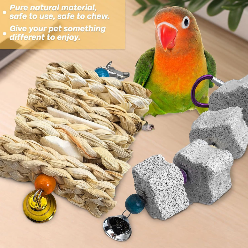 Parrot Toys Chewing Bird Toy Cuttlebone Beak Grinding Stone Cage Hanging Toys with Bell for African Greys Amazon Conure Eclectus Budgies Parakeet Cockatiel Hamster Chinchilla Rabbit, 2 Pack