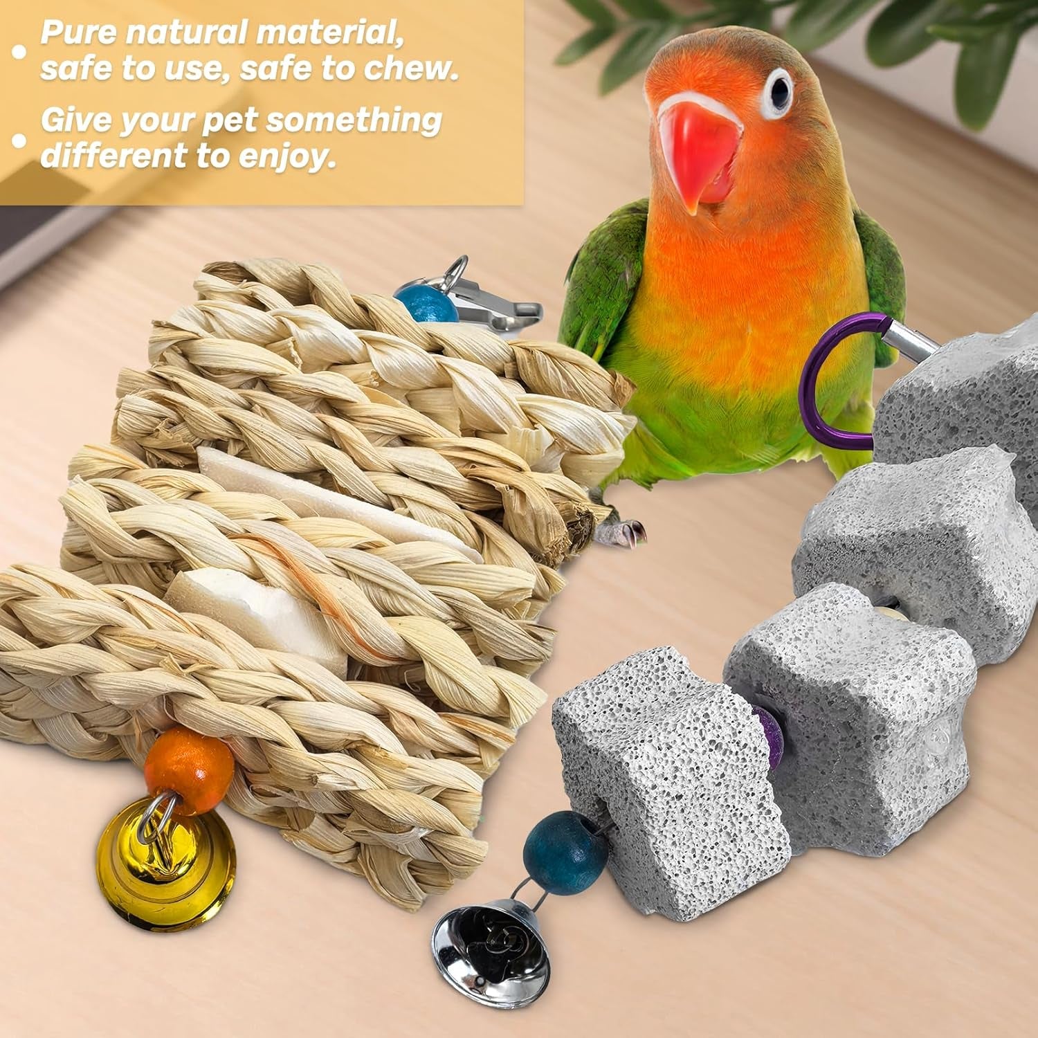 Parrot Toys Chewing Bird Toy Cuttlebone Beak Grinding Stone Cage Hanging Toys with Bell for African Greys Amazon Conure Eclectus Budgies Parakeet Cockatiel Hamster Chinchilla Rabbit, 2 Pack
