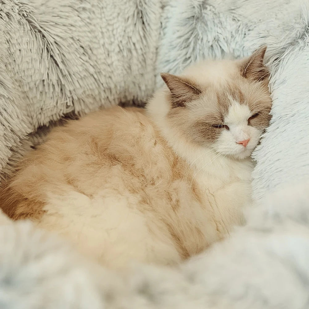 Winter Warm Cat Cave round Foldable Pet Bed Deep Sleeping Cat Tunnel Bed Pet Sleeping Bed Long Plush for Cats and Small Dogs